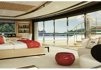 The owner's suite looks aft through full-height glass across the private terrace