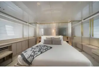 The full-beam owner's suite is midships on the lower deck for maximum comfort