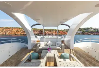 Looking aft on the sun deck, from the sit-up bar forward, across the sun lounge to the jacuzzi