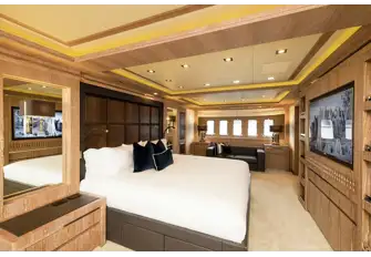 The lower deck owner's suite is full beam with an office adjacent