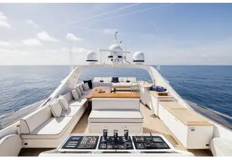 Looking aft from the flybridge across the open-air dining to the sun lounge