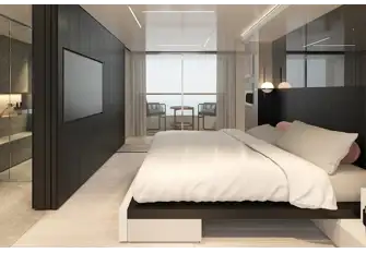 The full-beam owner's suite forward on the main deck (sistership image)