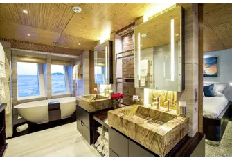 The owner's en suite has a bath to starboard and a shower room to port