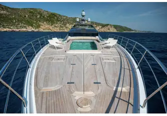 <p class="MsoNormal">The foredeck's saltwater pool is used for tender stowage on
passage<o:p></o:p></p>