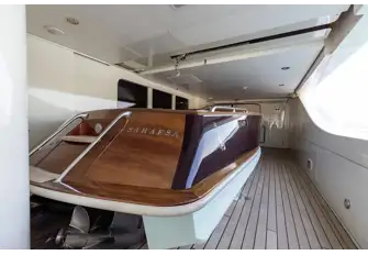 Her tenders are midships on the main deck. There are two more on the foredeck and room for more in the lazarette