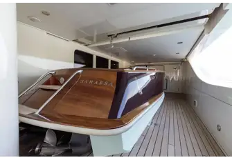 Her tenders are midships on the main deck. There are two more on the foredeck and room for more in the lazarette