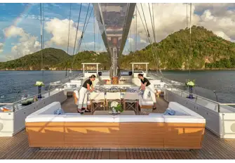 The flybridge is the perfect place to feel the wind in your hair underway, and at anchor you can get an eagle's-eye view of your anchorage in the crow's nest that rises up the middle mast
