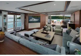 The main saloon has amazing views through full-height sliding glass doors