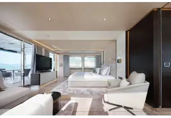 The owner's suite is aft facing on the upper deck, with its own private terrace