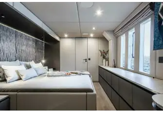 Huge hullports and deck hatches fill the owner's bedroom suite with natural light
