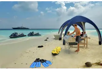 The crew can set up an intimate dinner on a speck of sand surrounded by the sea