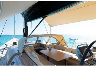The line-free guest cockpit can be used underway or at anchor and the sprayhood and bimini are both removable