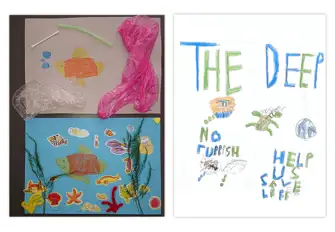 (L-R) 'Sad fish, happy fish' by Talia Betti (aged 4.5) and Torben Allen (aged 8)