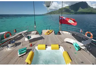 The aft deck jacuzzi and the folding swim platform are not features often found on large sailing yachts