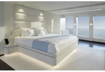 The Cristiano Gatto interiors are uplifting, as seen her in the full beam main deck master suite