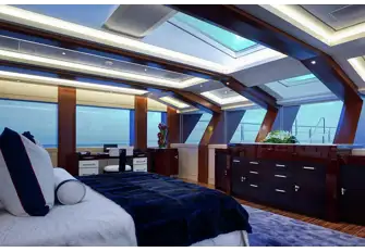 The owner's suite forward on the upper deck with its huge skylight