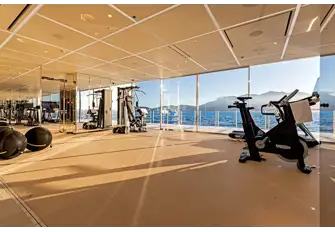 On the port side, opposite the swimming pool, is a vast gym with a sea terrace
