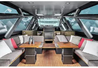 The saloon has extensive glazing with muscular carbon fibre mullions and incredible views