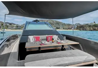 With the table raised this is an open-air dining option on the foredeck