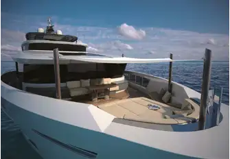 The owner's terrace has a sunpad covering the yacht's anchoring equipment