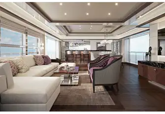 Looking forward in the main saloon with huge picture windows, across the lounge, formal dining area and bar