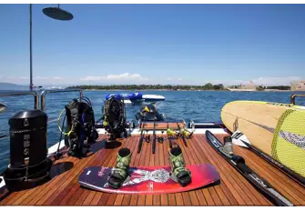 The transom door folds down to create a large swim platform