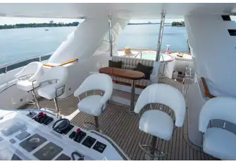 The flybridge forward on the sun deck with the jacuzzi aft