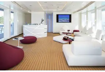 The sky lounge has teak decking and full-height windows to bring the outside inside