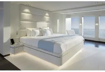 Full-height windows in the full-beam owner's suite on the main deck
