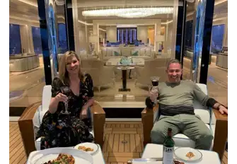 Pascale and Andy relax on the aft deck of LADY S having 'pushed the boundaries of design'