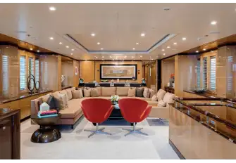Looking forward in the main saloon, lined with large windows