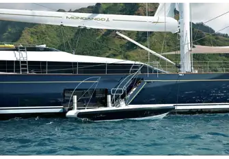 Guests board via a shell door platform and retractable steps to starboard
