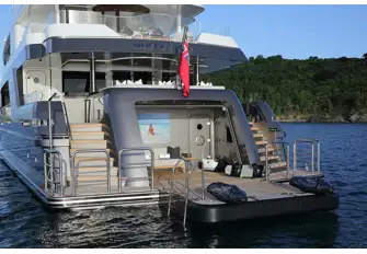 The beach club with large swim platform