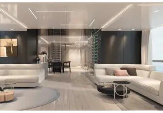 The open-plan main deck has abundant natural light through huge windows and wonderful views thanks to bulwark cut-outs (sistership image)