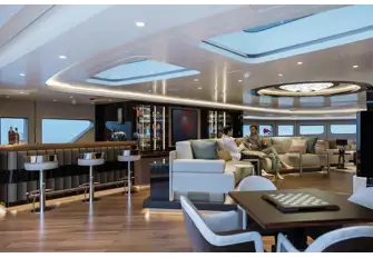 The sun deck clubroom has a working fireplace below skylights