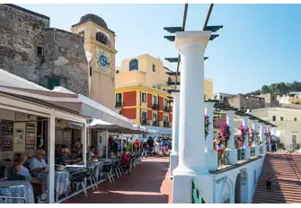 Cafes line the Piazzeta di Capri with views across the Bay of Naples