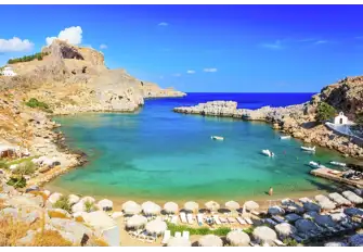 St Paul's Bay, with the Acropolis on one side and church on the other