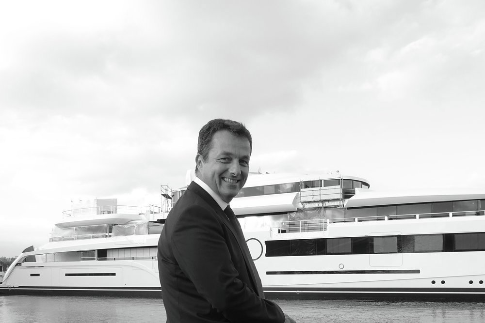 Senior Partner Peter Brown at the launch of LADY S, 93m Feadship, Royal Van Lent