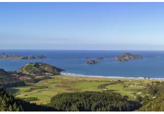 The view from Kauri Cliffs takes in Matauri Bay and the Cavalli Islands